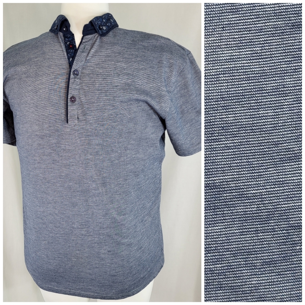 Steel & Jelly Polo SHIRT Mens Size L Blue Heathered Short Sleeve Floral Collar